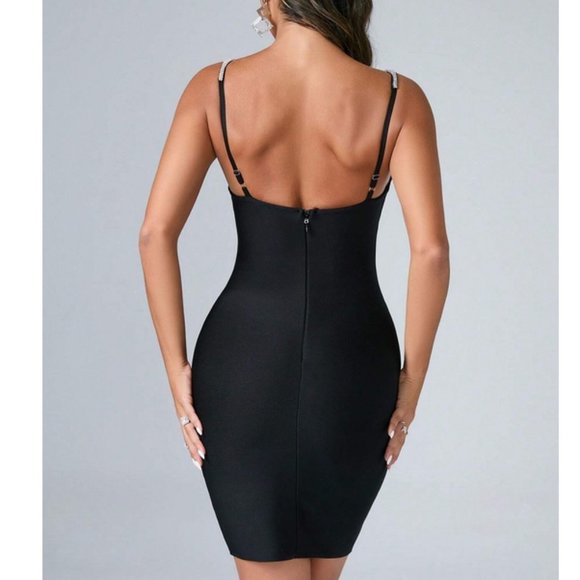 Stunning Rhinestone Detail Tie Shoulder Bustier Cami Bodycon Black Dress - Picture 3 of 7